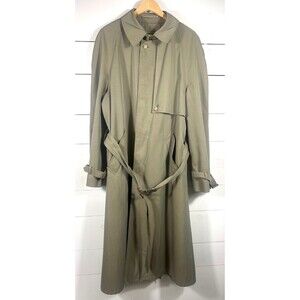 Marshall Fields Mens Khaki Trench Coat 40L With Red Wool Lining & Belted Waist